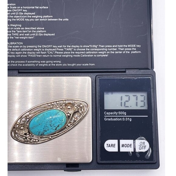 Vintage 925 Sterling Silver Turquoise Brooch Filigree Floral Artisan Signed Alok - Picture 8 of 10